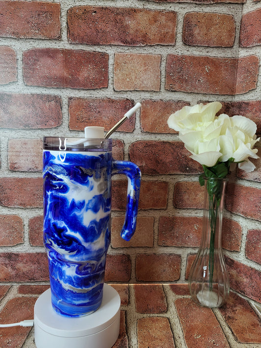 Blue & white 30 oz with handle Ready to Ship