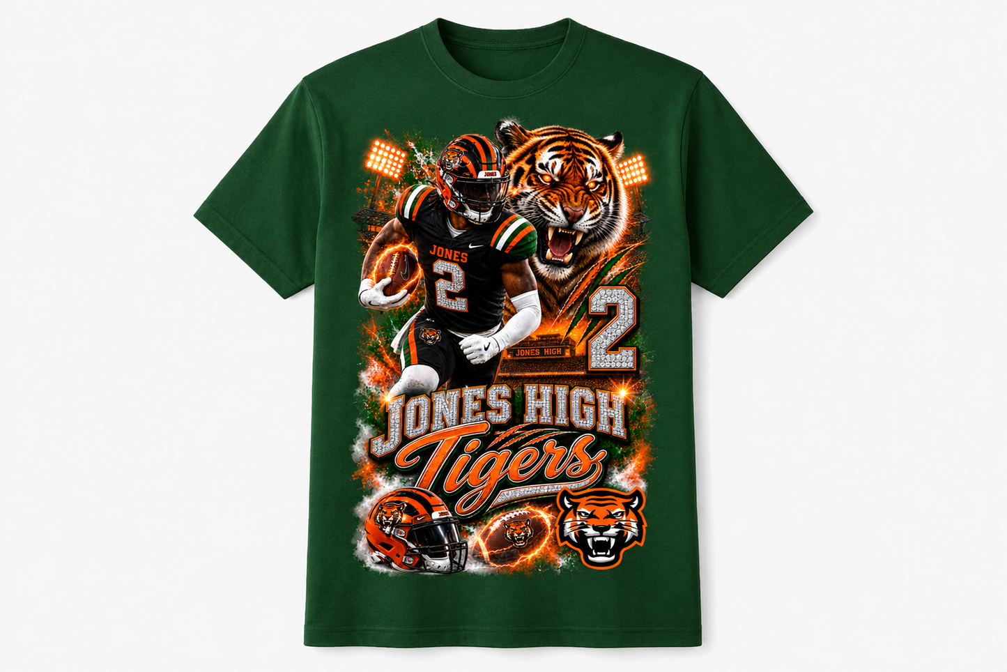 Jones High Tigers Custom Football T-Shirt Front Only