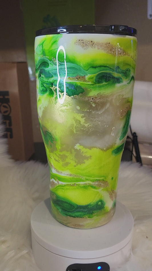 30 oz Traditional Tumbler with green and gold alcohol inks