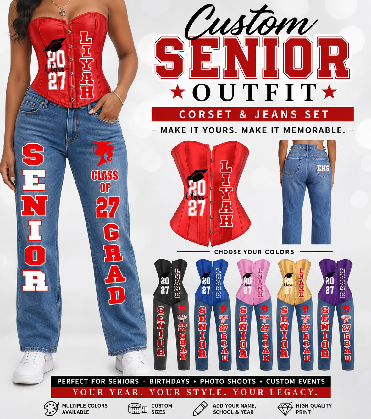 Custom Senior or Birthday Corset & Jeans Set | Personalized Graduation & Celebration Outfit